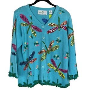Design Options Dragon Flies Cardigan Sweather Blue Sequins Phillip Jane Gordon M